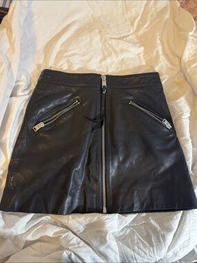 AllSaints Black Leather Front-Zip Mini Skirt with Zip Pockets